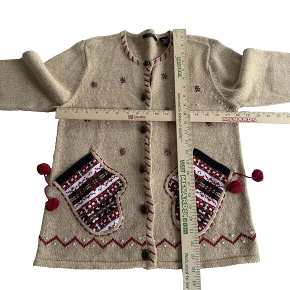 Tan Winter Mittens Snowflake Xmas Sweater Cardigan Ugly Christmas Beads Sz S - Picture 2 of 7